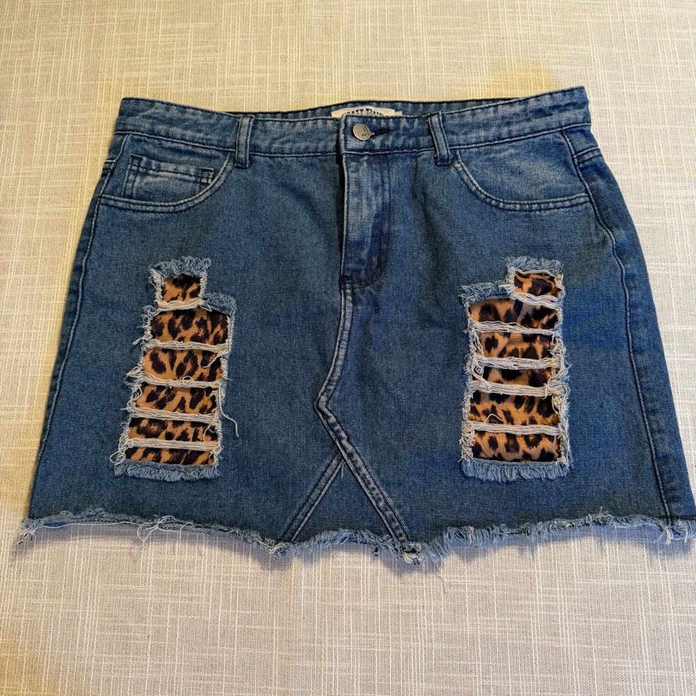 Crazy Train Womens Distressed Leopard Print Patch Denim Mini Skirt Blue Large